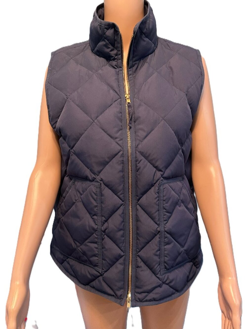 J. Crew Navy Blue Quilted Down Puffer Vest Gold Zip Women's Large
